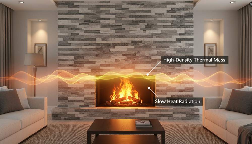 Stone walls for fireplaces showcasing thermal mass and safety standards for 2026 property appraisal