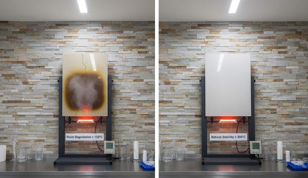 Natural and manufactured stone veneers being applied with high-heat adhesive for fireplace installation