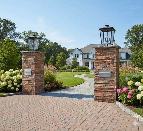 Beautiful residential entrance featuring stylish mailbox columns