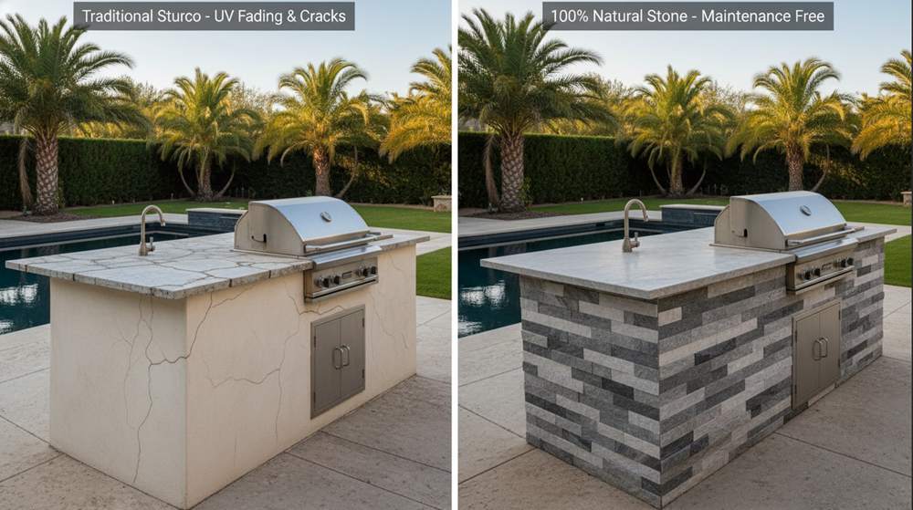 Outdoor kitchen wall with natural stacked stone as a low-maintenance alternative to stucco