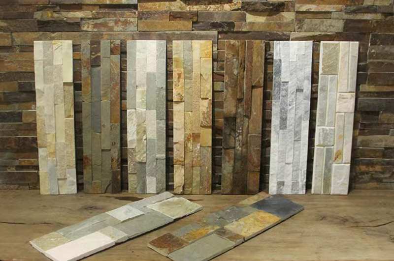 Beautiful stacked stone cladding featuring various shades and textures for interior decoration.