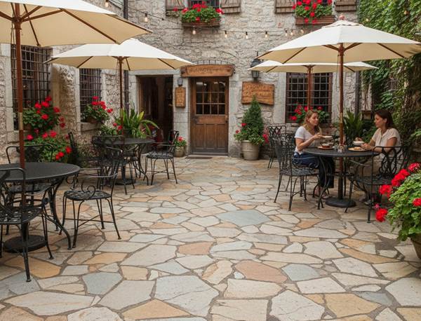 Colorful flagstone pavers arranged for outdoor landscaping