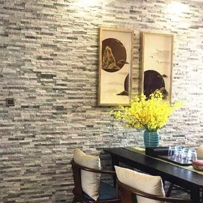 Silver grey stacked stone panels for interior and exterior design