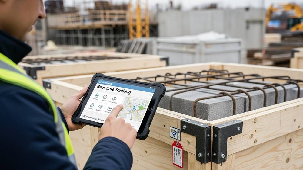Construction site manager using tablet to scan RFID tag on plywood stone crate