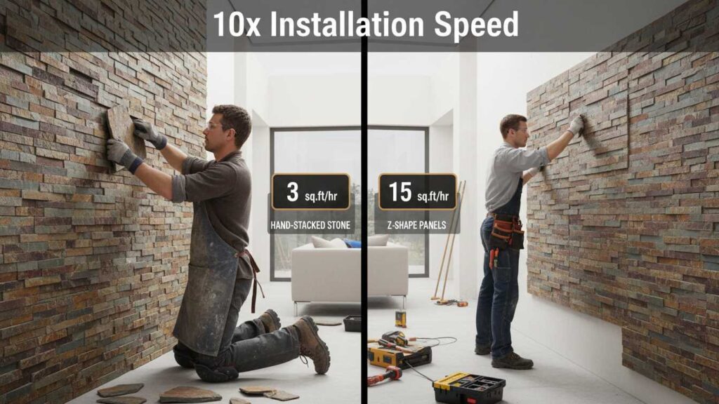 Workers installing 6x24 Z-Shape stacked stone panels on a wall