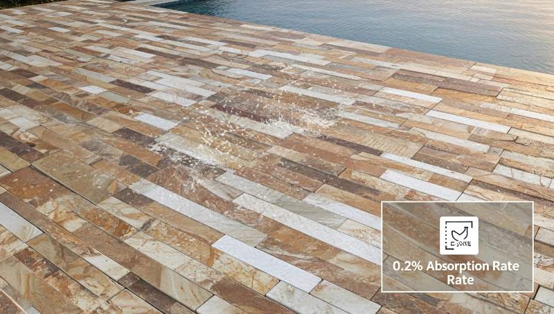Close-up of stacked stone panels illustrating water absorption and porosity for durability