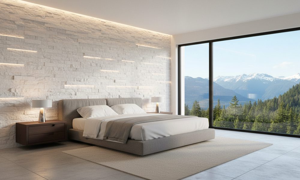 Bedroom featuring natural stone walls for a spa-like atmosphere with soft lighting