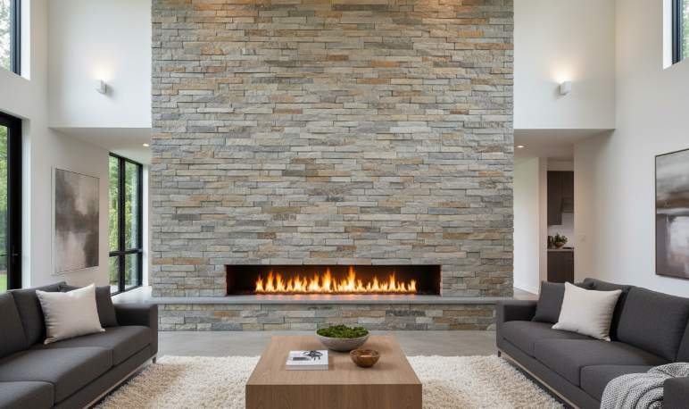 Modern fireplace with Z-Shape Quartzite Ledger Panels showcasing a stylish design