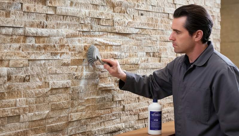 Close-up of stacked stone panel with white efflorescence being cleaned