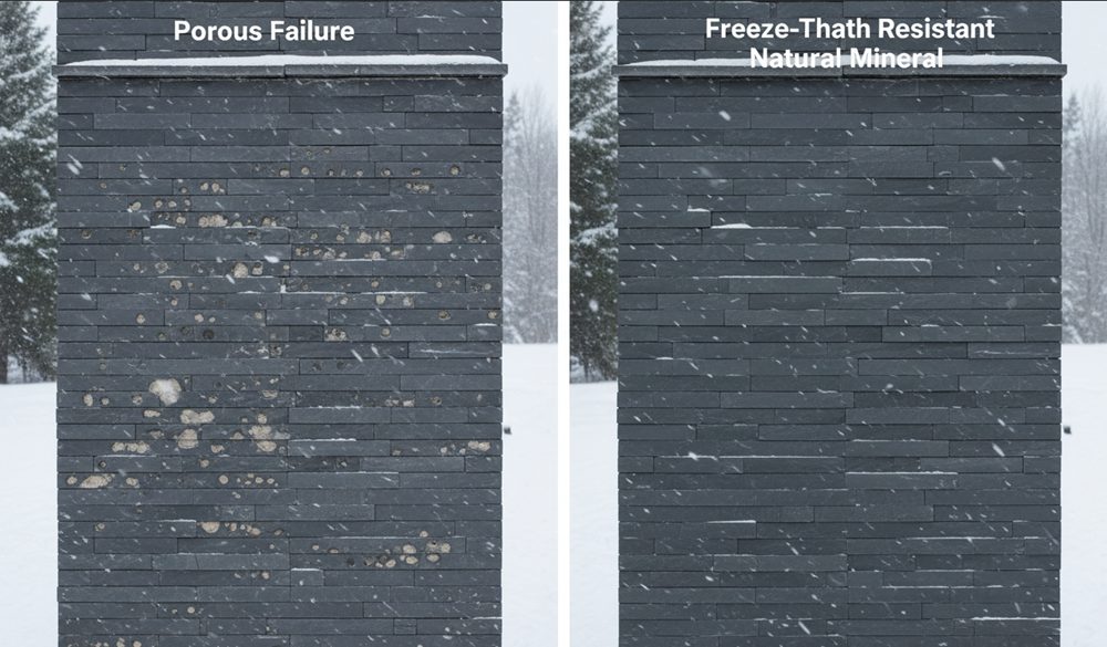 Stacked stone facade with freeze-thaw resistant surface, protecting buildings in cold climates