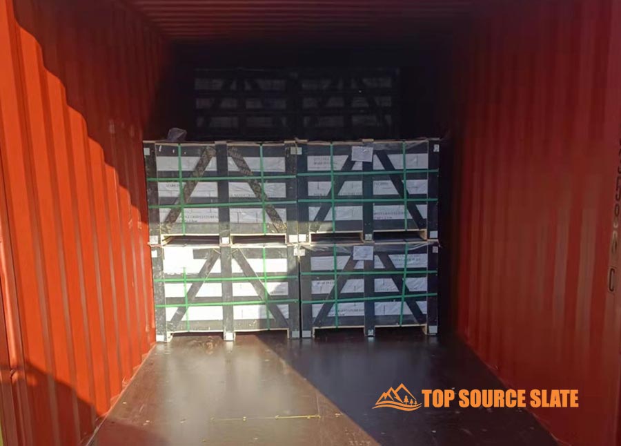 Container filled with premium stacked stone ready for shipment.