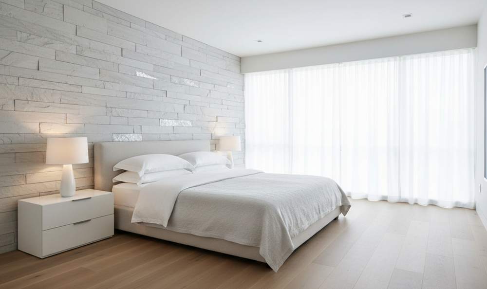 Interior accent wall featuring stacked ledger panels for texture and design