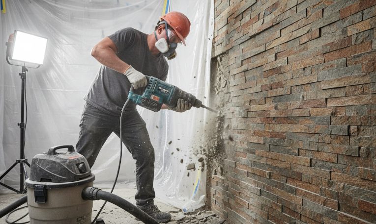 Step-by-step guide for removing stacked stone during interior demolition and prep.