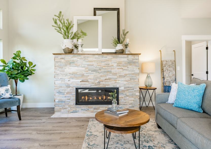Beautifully installed ledger stone fireplace in modern living room