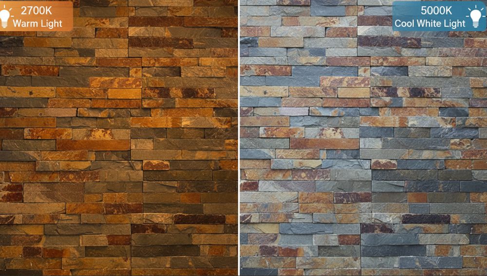 Modern indoor stacked stone wall with warm lighting highlighting texture and color