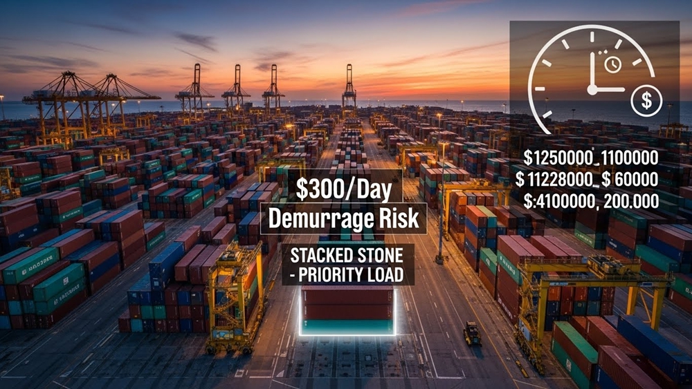 A crowded container terminal at sunset with cranes and ships unloading cargo