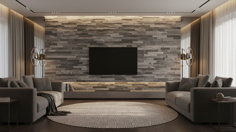 A person mounting a TV on a stacked stone fireplace with careful setup