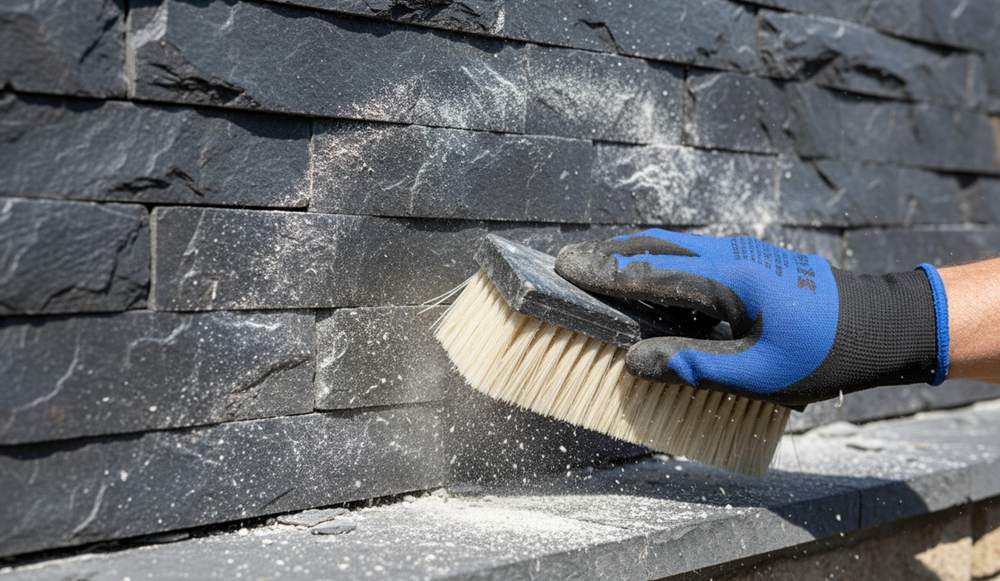 Person gently cleaning a natural stacked stone wall panel with a soft brush