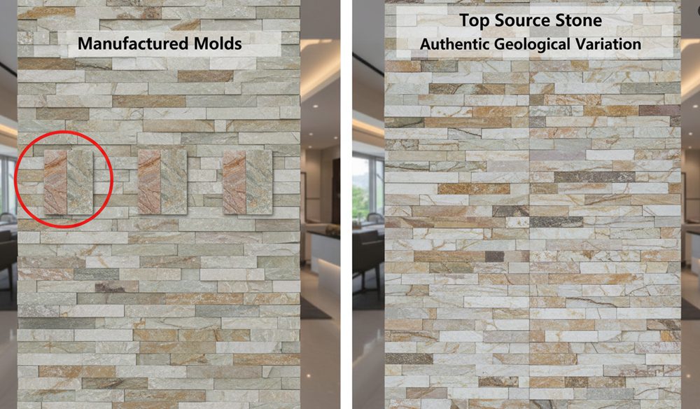 Close-up of layered stone showing natural texture compared to manufactured stone panels