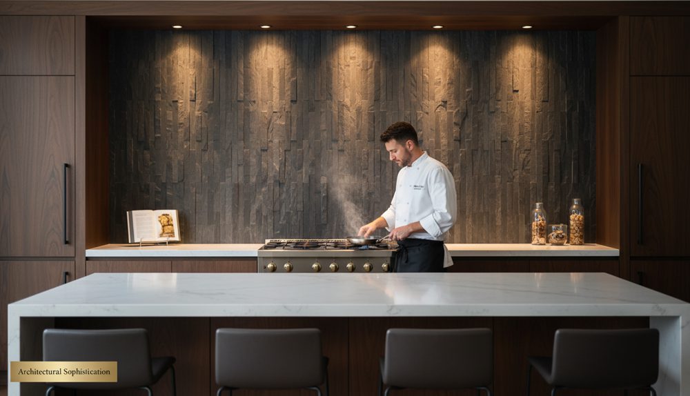 Side-by-side comparison of natural stone and faux stone backsplash textures in a kitchen setting