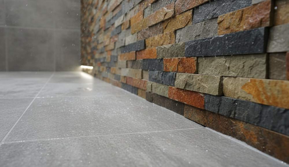 Bathroom interior featuring natural stone walls and floor with waterproofing and maintenance guide