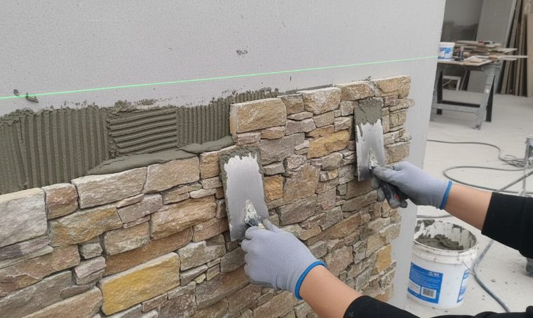 Step-by-step guide for DIY fireplace stone installation with tools and materials.