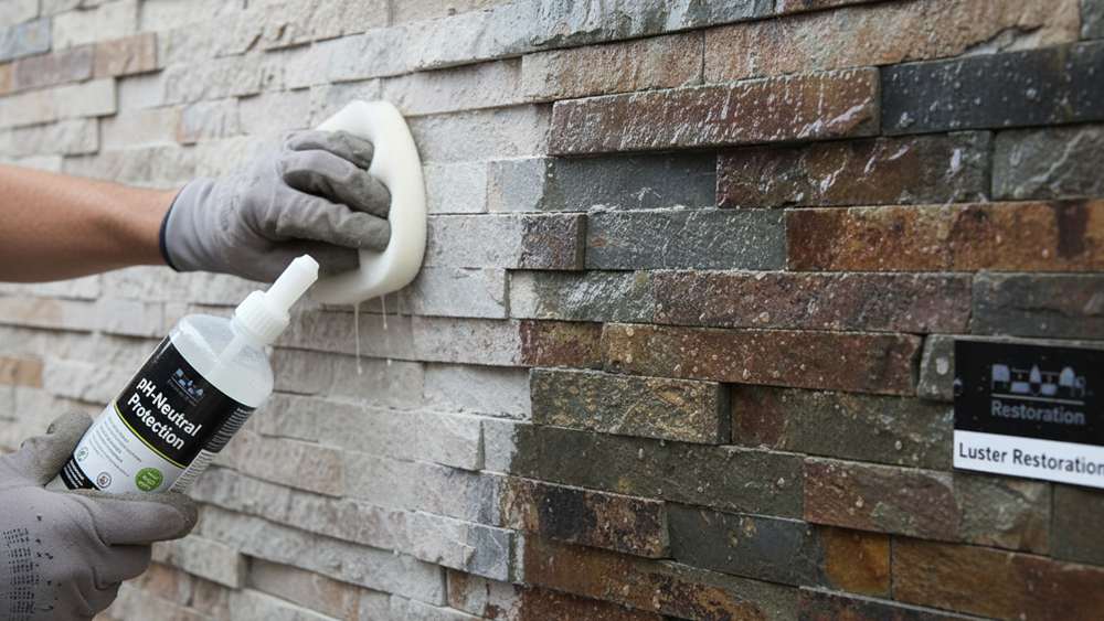 Technician performing stone repair and patching on stacked stone wall