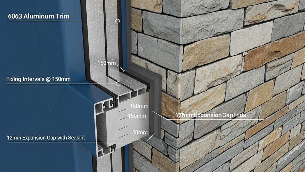 Stacked stone panels installed around window and door edges for decorative wall cladding