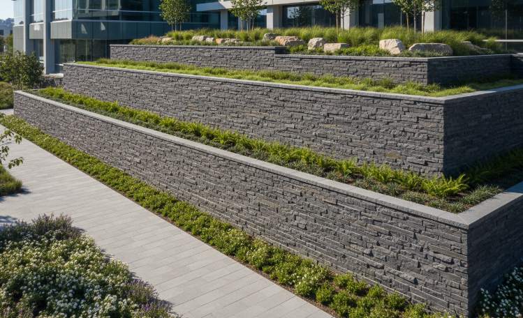 Durable stacked stone veneer used for a landscaped retaining wall