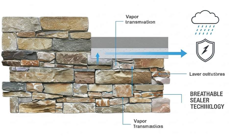 Close-up of exterior stacked stone wall showing texture and natural colors