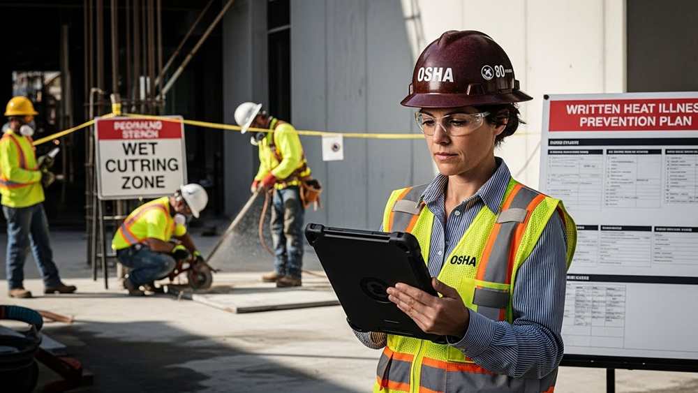 Construction workers wearing safety gear and following OSHA standards on site