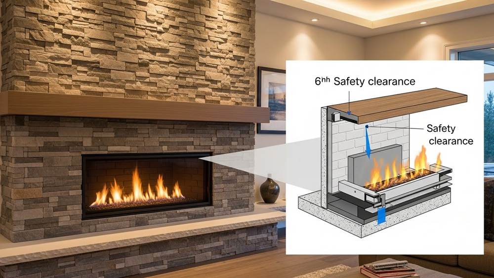 Contemporary fireplace accented with natural stacked stone veneer in a living room
