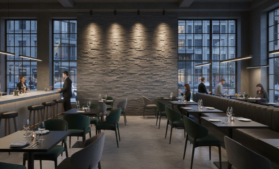 Modern stacked stone wall in a commercial lobby with elegant lighting