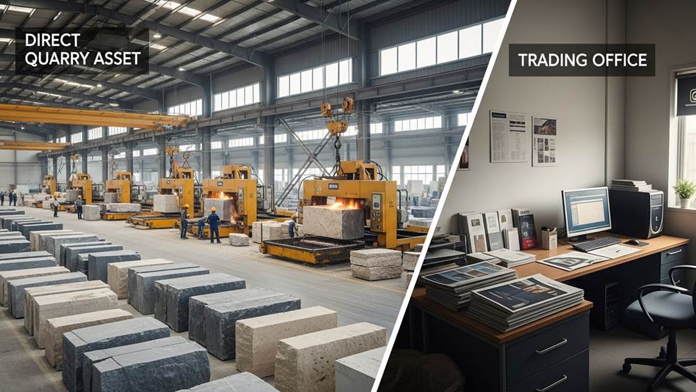Interior view comparing a stacked stone factory production line with a trading company office