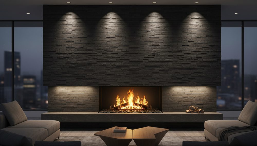 Fire-rated natural stone veneer panel in a modern design, ideal for building facades