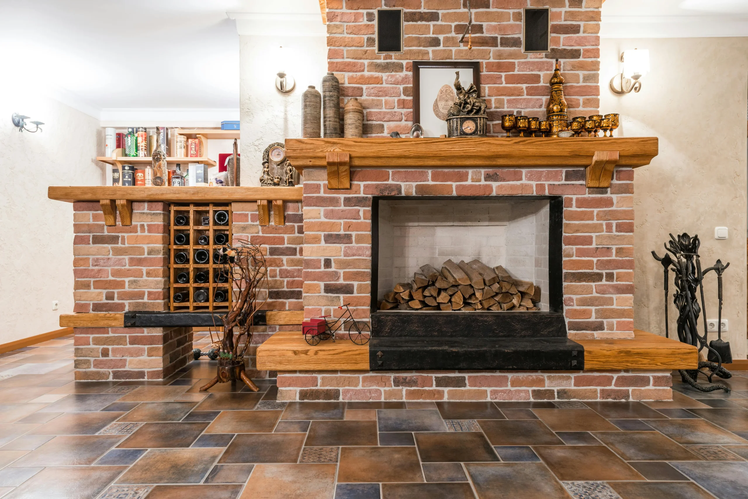 stacked stone lobby fireplace