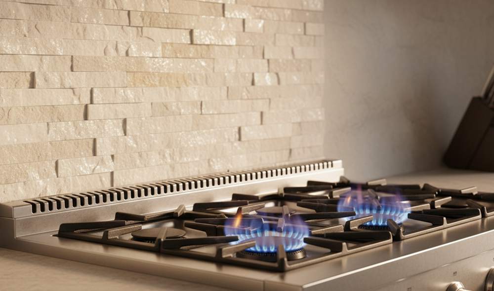 Modern stacked stone backsplash in a kitchen with neutral tones