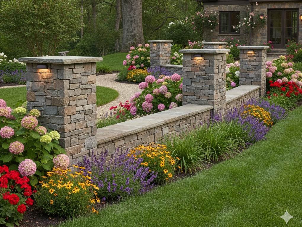 Beautiful stacked stone mailbox column with natural stones
