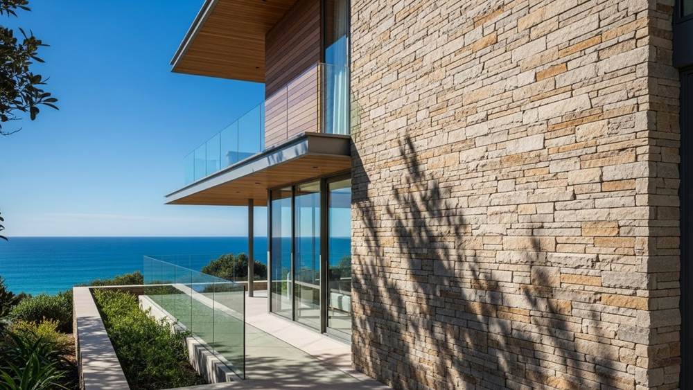 Exterior of an Australian home with natural stacked stone cladding on the walls