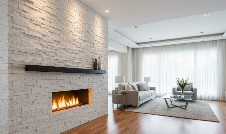 Step-by-step installation of stacked stone on a fireplace wall