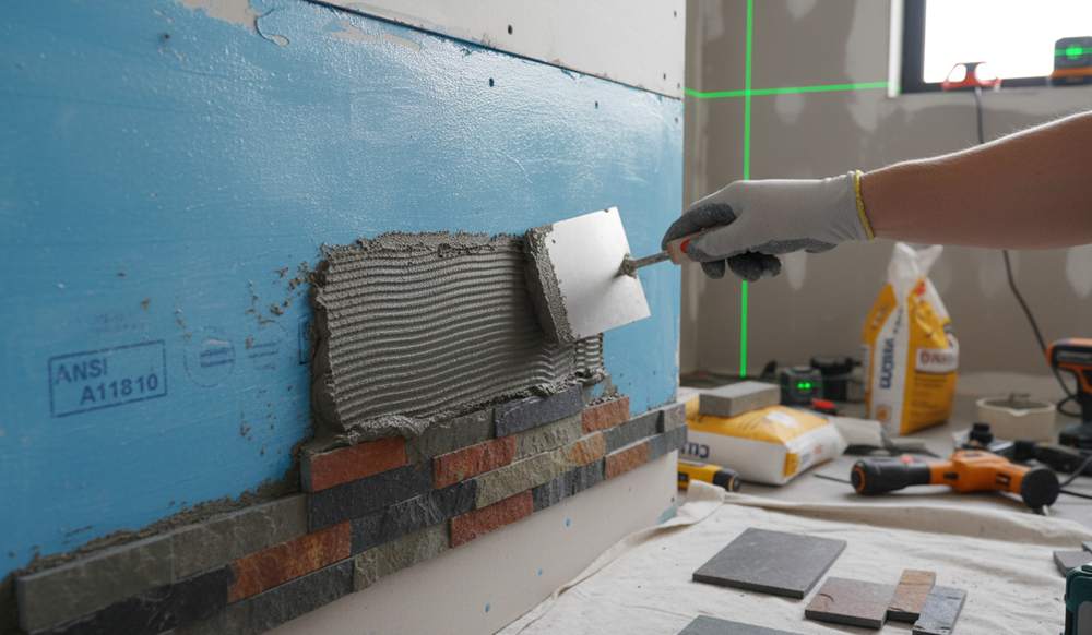 A close-up view of stacked stone installation over drywall with a seamless finish.
