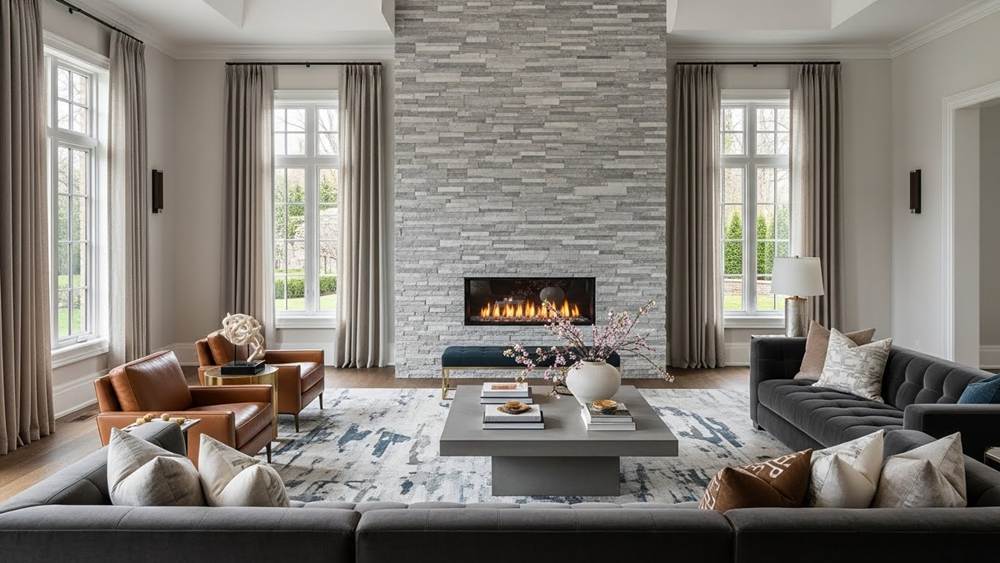 Fireplace wall clad with Alaska Gray quartzite stacked stone panels