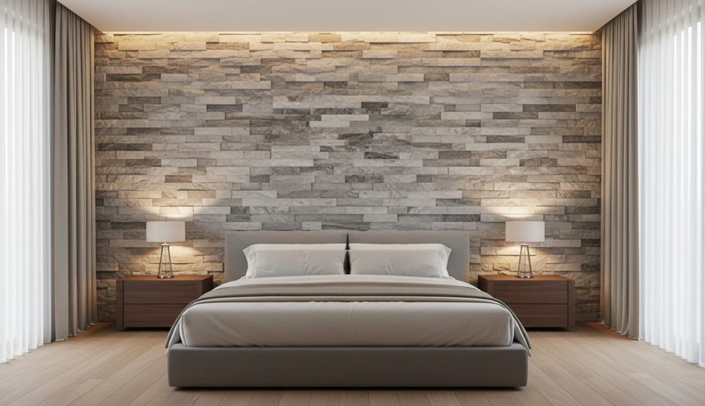 Modern interior design with stacked stone accent walls in living room