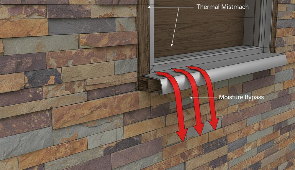 Close-up of a stone facade showing damaged flashing that could trap moisture