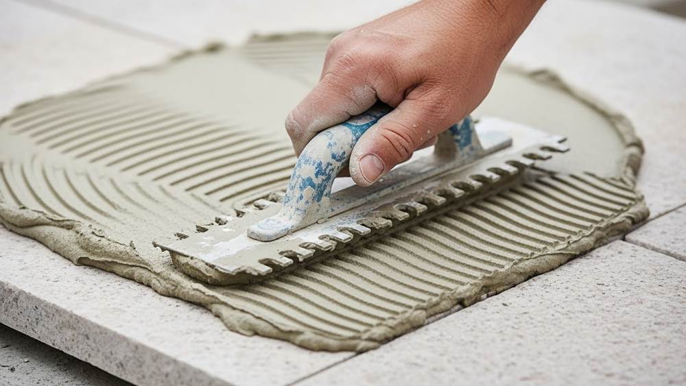 A construction worker’s hand applying adhesive with a notched trowel to a surface