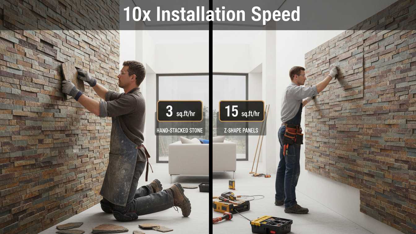 Workers installing 6x24 Z-Shape stacked stone panels on a wall