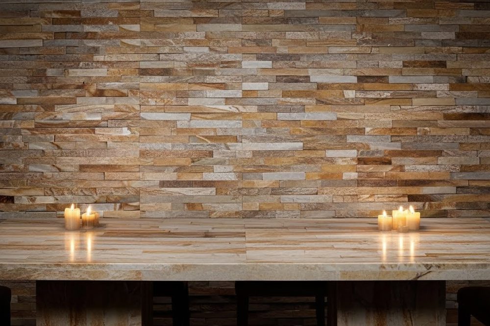 Elegant dining room featuring a statement wall with natural stacked stone panels