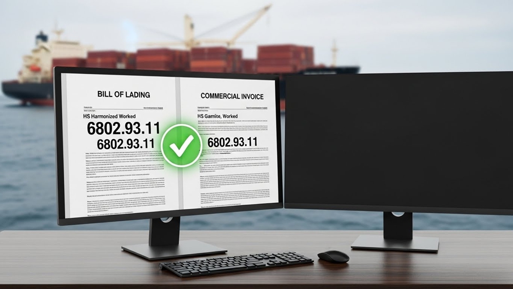Bill of lading and commercial invoice for stacked stone shipment with HS codes