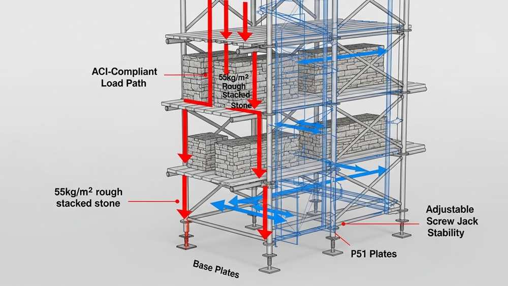 Efficient logistics management on a large-scale stone project site with organized equipment and materials.