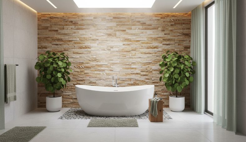 Modern interior featuring stacked stone fireplace with contemporary accent walls